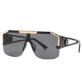 Sunglasses with black frame and dark lenses on a white background
