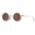 Round sunglasses with gold frame and brown lenses on a white background