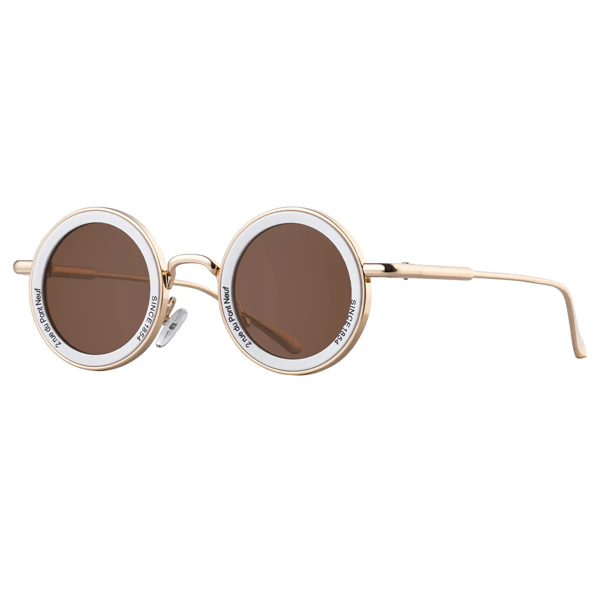 Round sunglasses with gold frame and brown lenses on a white background