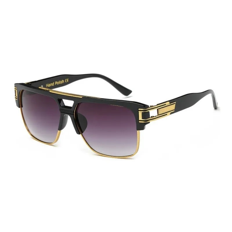 Sunglasses with black and gold frame on a white background
