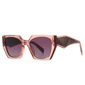 Sunglasses with a rose gold frame and dark lenses on a white background