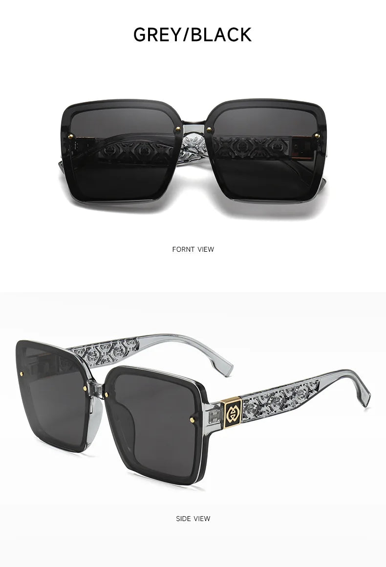 Black sunglasses with decorative arms on a white background