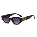 Black sunglasses with gold logo on a white background