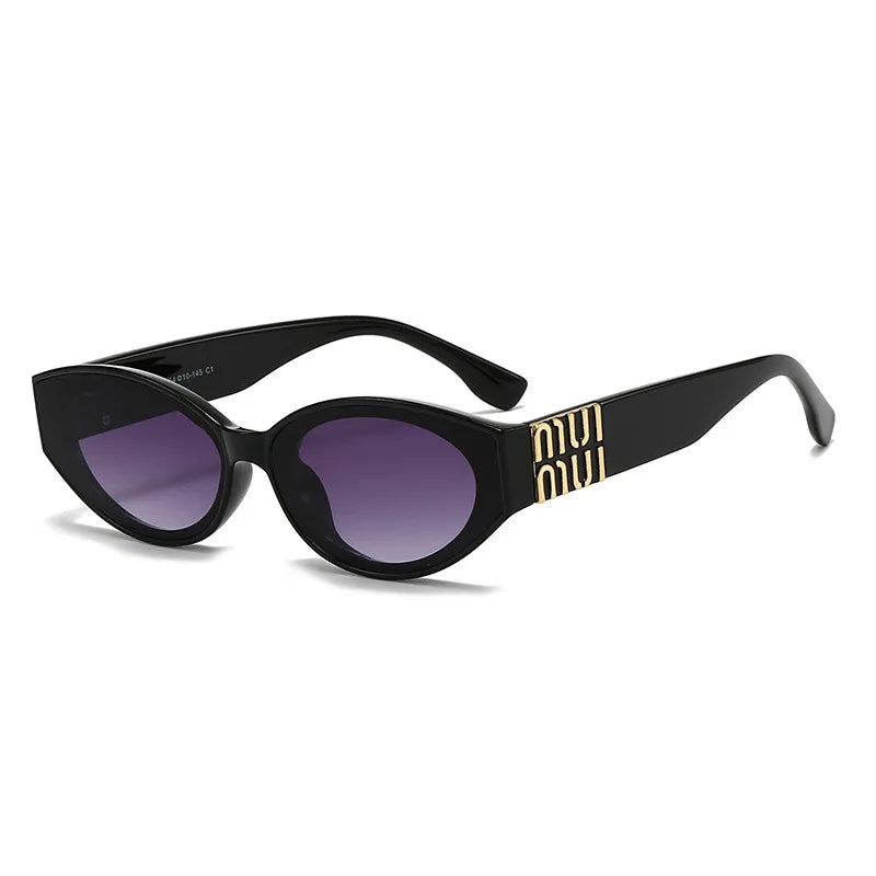 Black sunglasses with gold logo on a white background