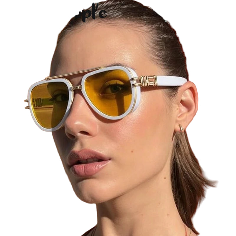 Woman wearing yellow sunglasses with a wooden and red wall background