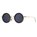 Round sunglasses with gold frame and dark lenses on a white background