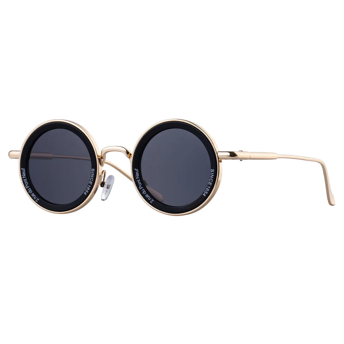 Round sunglasses with gold frame and dark lenses on a white background