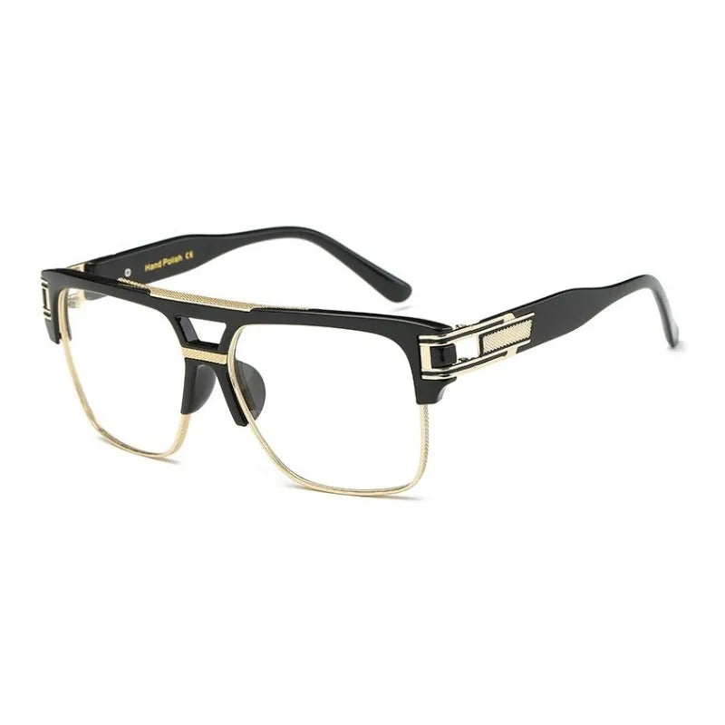Black and gold eyeglasses on a white background