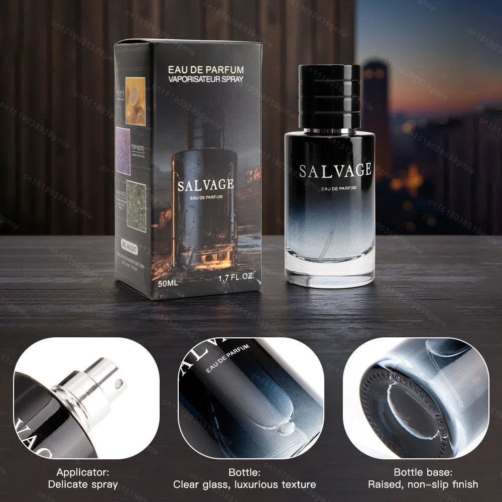 Salvage Eau de Parfum bottle and packaging on a dark surface with close-up details.