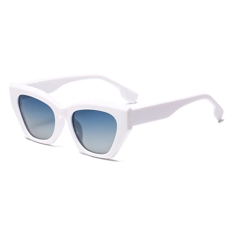 White sunglasses with blue gradient lenses on a white background