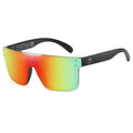 Sunglasses with multicolored lenses and black frame on a white background