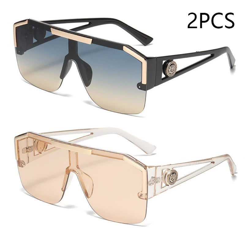 Two pairs of sunglasses with gradient lenses on a white background