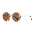 Round sunglasses with brown lenses and gold frame on a white background