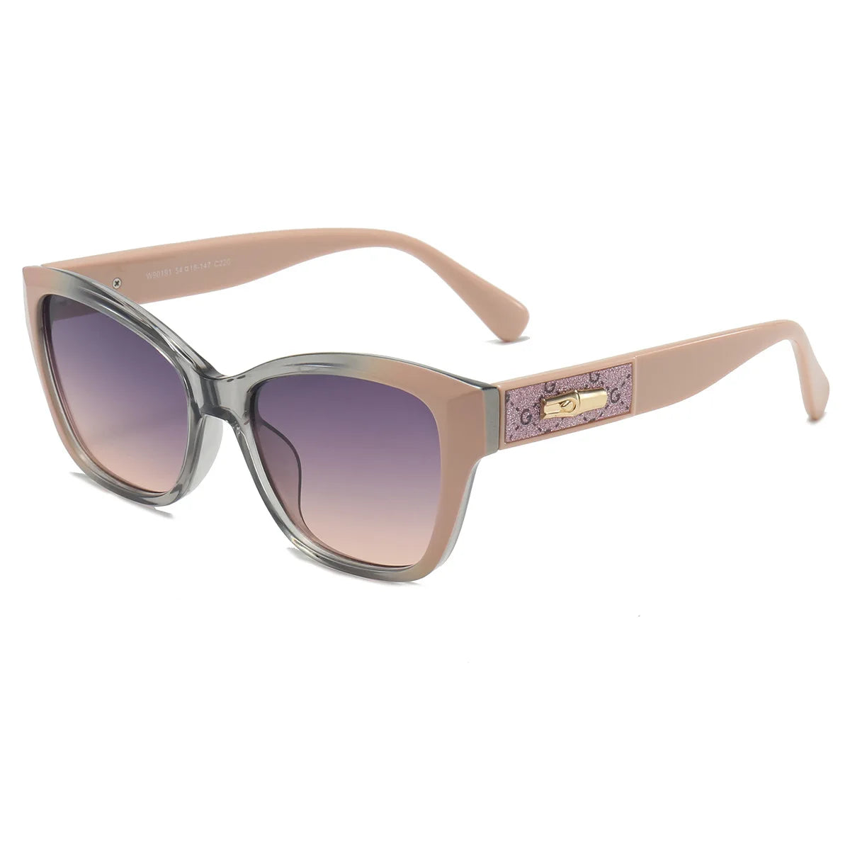 Sunglasses with a beige frame and purple gradient lenses on a white background
