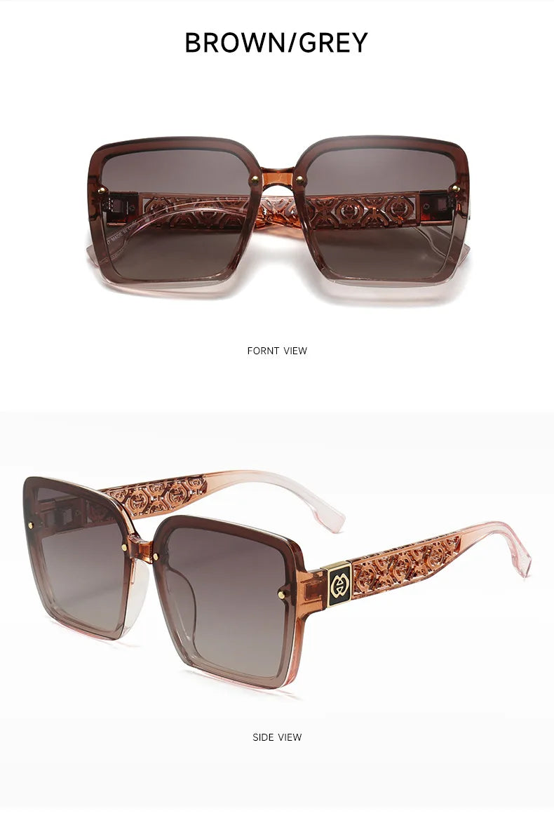 Sunglasses with brown and gray gradient lenses on a white background