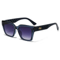 Blue sunglasses with intricate frame design on a white background