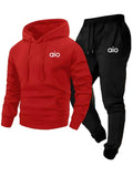 Red hoodie and black tracksuit with 'aio' logo on a white background