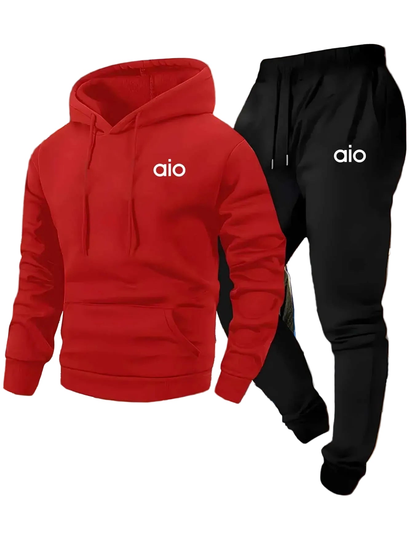 Red hoodie and black tracksuit with 'aio' logo on a white background