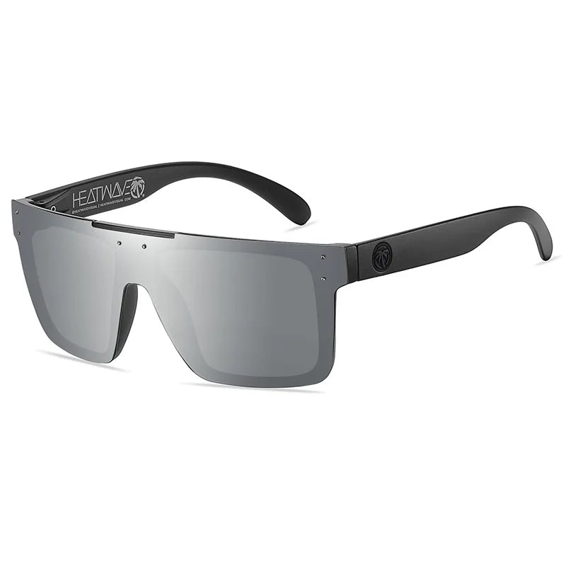 Sunglasses with black frame and gray lenses on a white background