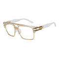 Gold-framed eyeglasses with clear lenses on a white background