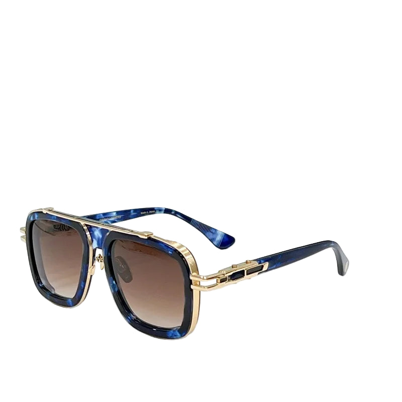Sunglasses with blue and gold frame on a white surface with a black box in the background, featuring the brand 'DITAA'.
