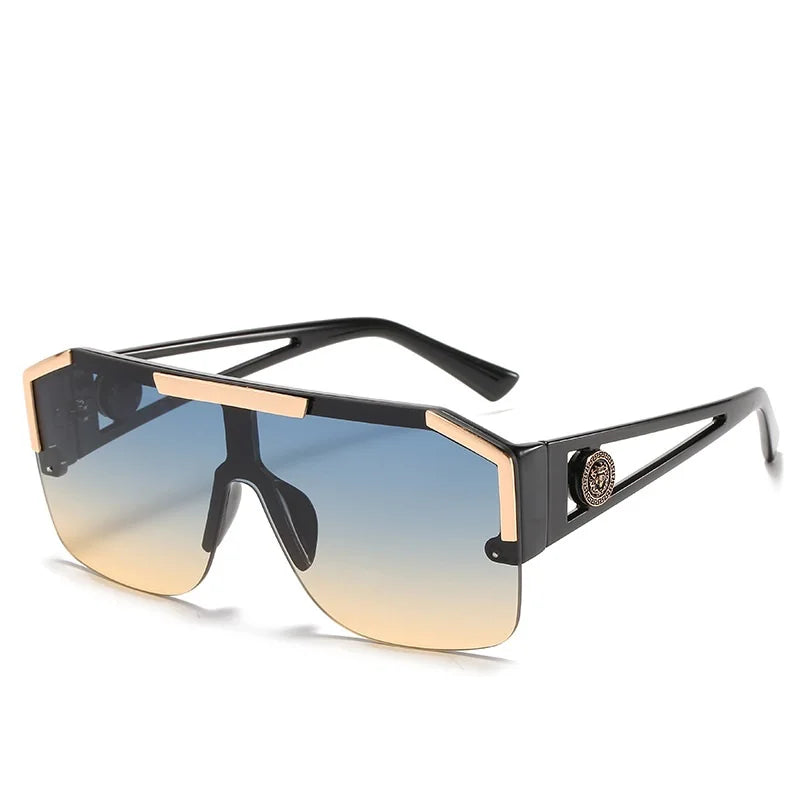 Sunglasses with black and rose gold frame on a white background