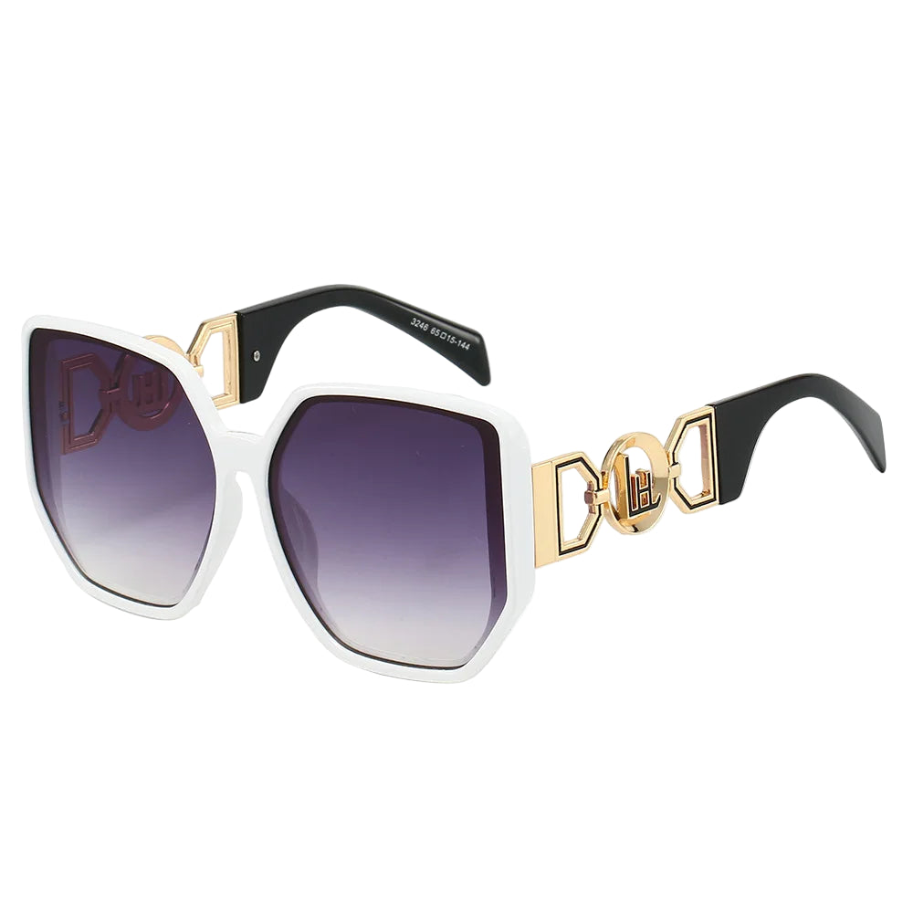 Sunglasses with gold and black frame on a white background