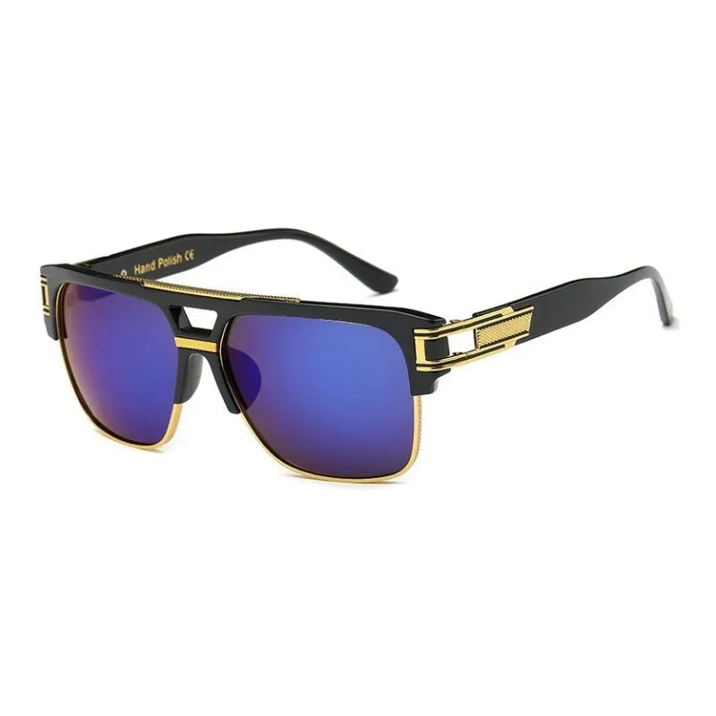 Sunglasses with black and gold frame on a white background
