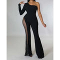 women’s one-shoulder jumpsuit, trendy women’s romper, trendy flare pants, stylish women's romper, spring/summer jumpsuit, special occasion jumpsuit, sophisticated club outfit, skinny fit jumpsuit, sexy women’s romper, sexy off-shoulder jumpsuit, polyester mesh jumpsuit, party jumpsuit for women, one-sleeve women's jumpsuit, night out jumpsuit, modern women's romper, 

