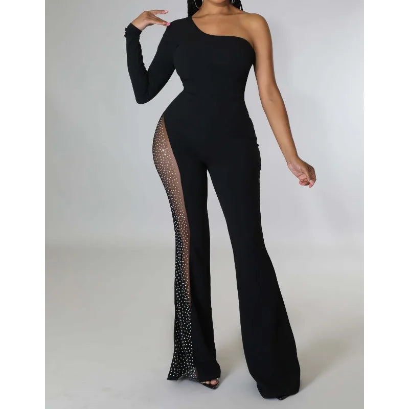 women’s one-shoulder jumpsuit, trendy women’s romper, trendy flare pants, stylish women's romper, spring/summer jumpsuit, special occasion jumpsuit, sophisticated club outfit, skinny fit jumpsuit, sexy women’s romper, sexy off-shoulder jumpsuit, polyester mesh jumpsuit, party jumpsuit for women, one-sleeve women's jumpsuit, night out jumpsuit, modern women's romper, 

