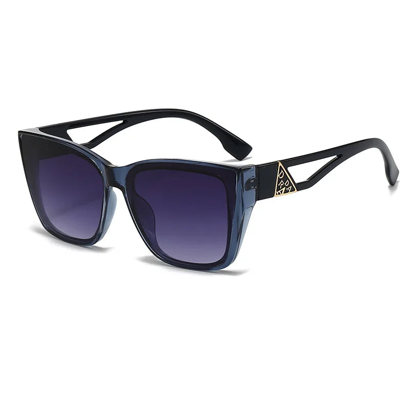 Blue sunglasses with a brand logo on a white background