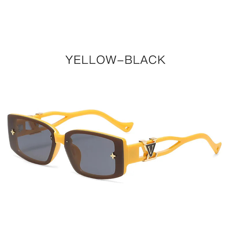 Sunglasses with yellow frame and dark lenses on a white background