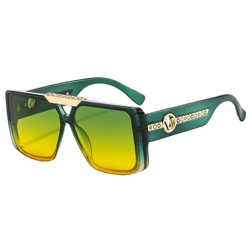 Sunglasses with green and yellow gradient lenses on a white background