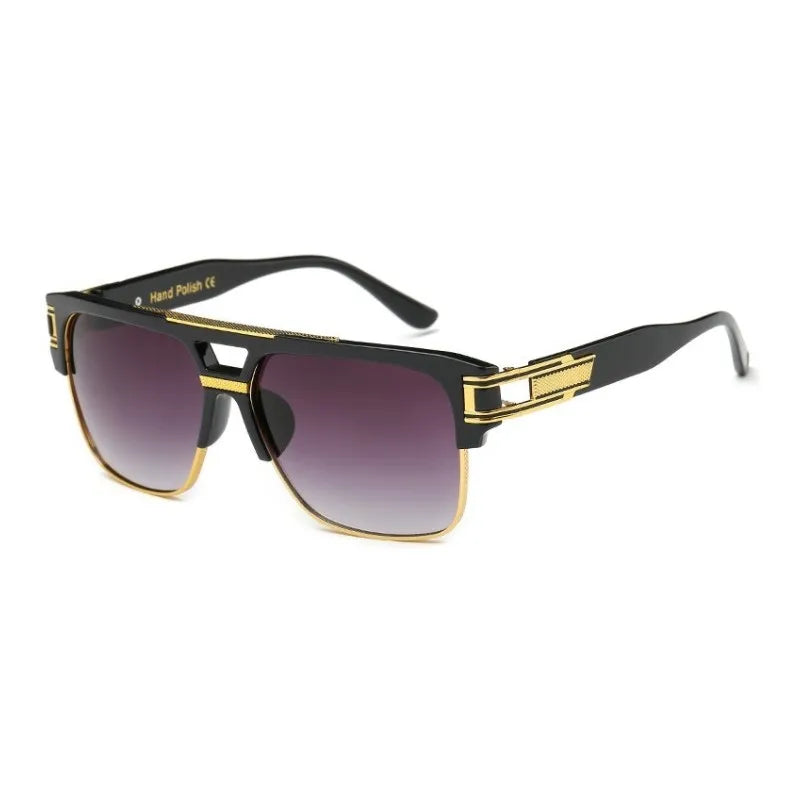 Sunglasses with black and gold frame on a white background