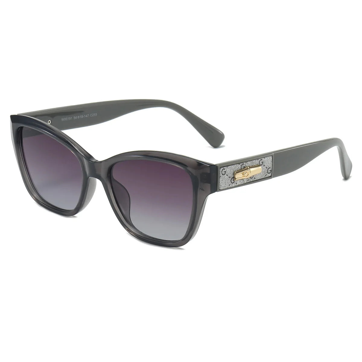 Gray sunglasses with a decorative arm on a white background