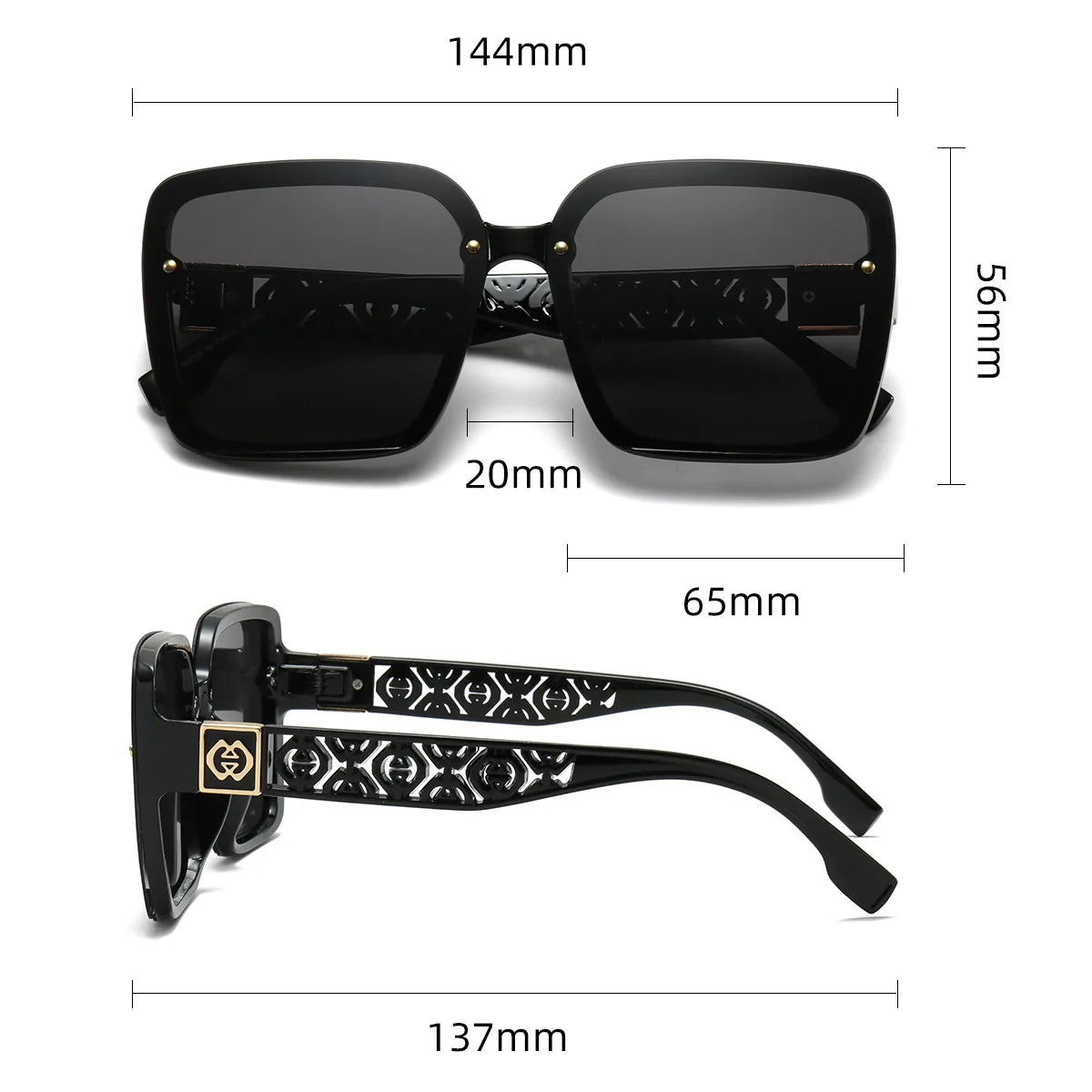 Black sunglasses with measurements on a white background