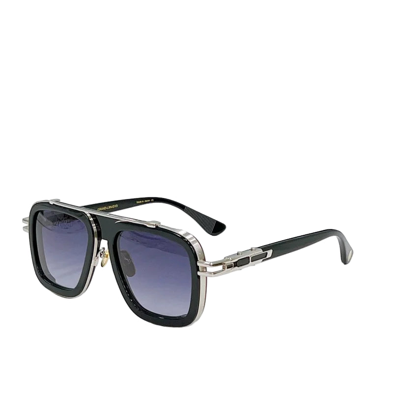 Sunglasses with black frame and blue lenses on a light gray background, featuring the brand 'DITAA'.