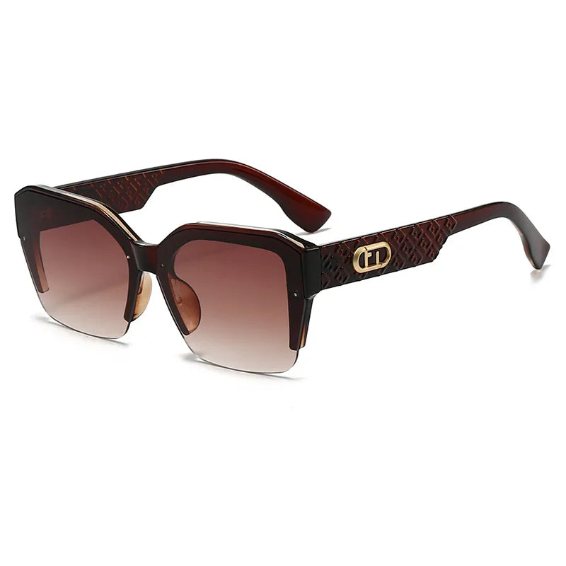 Sunglasses with brown gradient lenses and patterned frame on a white background