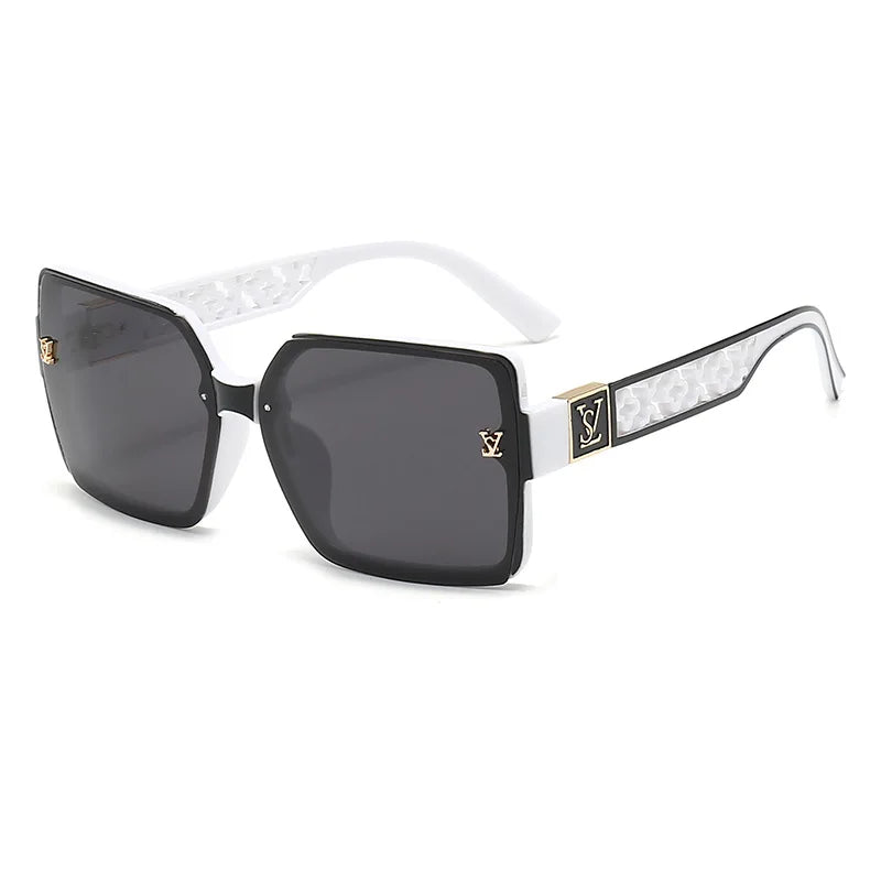 Sunglasses with white frame and black lenses on a white background
