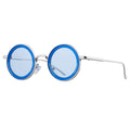 Round sunglasses with blue lenses and silver frame on a white background