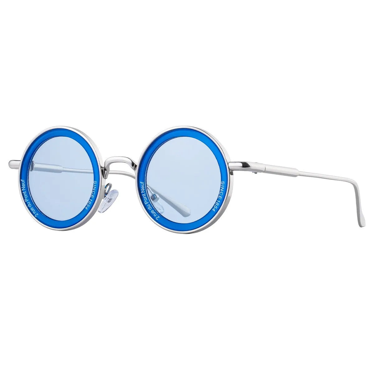Round sunglasses with blue lenses and silver frame on a white background