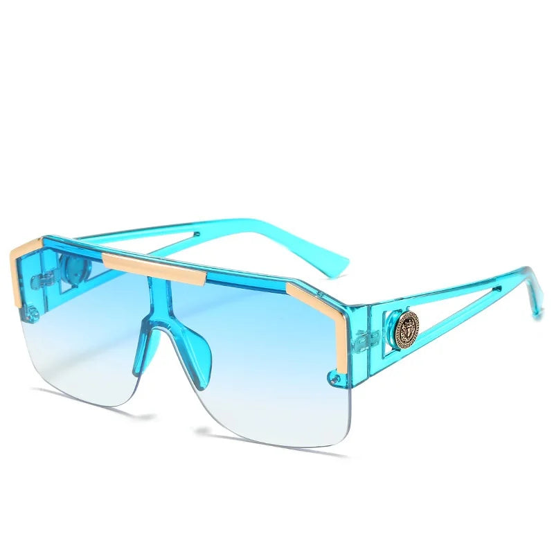 Blue sunglasses with gold accents on a white background