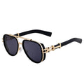 Sunglasses with black lenses and gold frames on a white background, branded 'seventpeople'.
