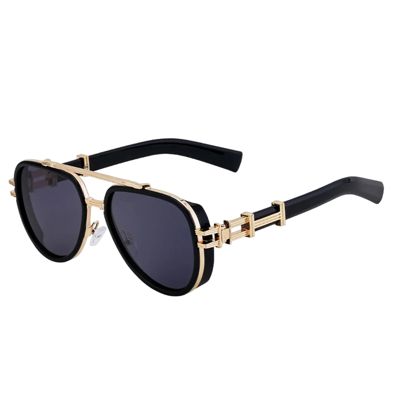 Sunglasses with black lenses and gold frames on a white background, branded 'seventpeople'.
