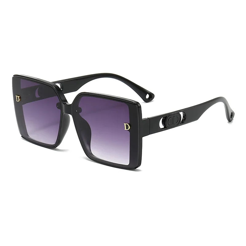 Black sunglasses with purple gradient lenses on a white background