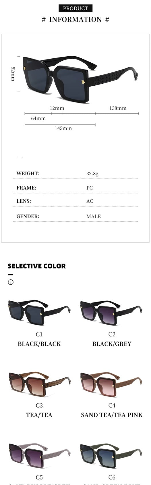 Product information and color options for sunglasses