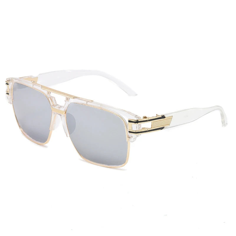 Sunglasses with gold frame and clear lenses on a white background