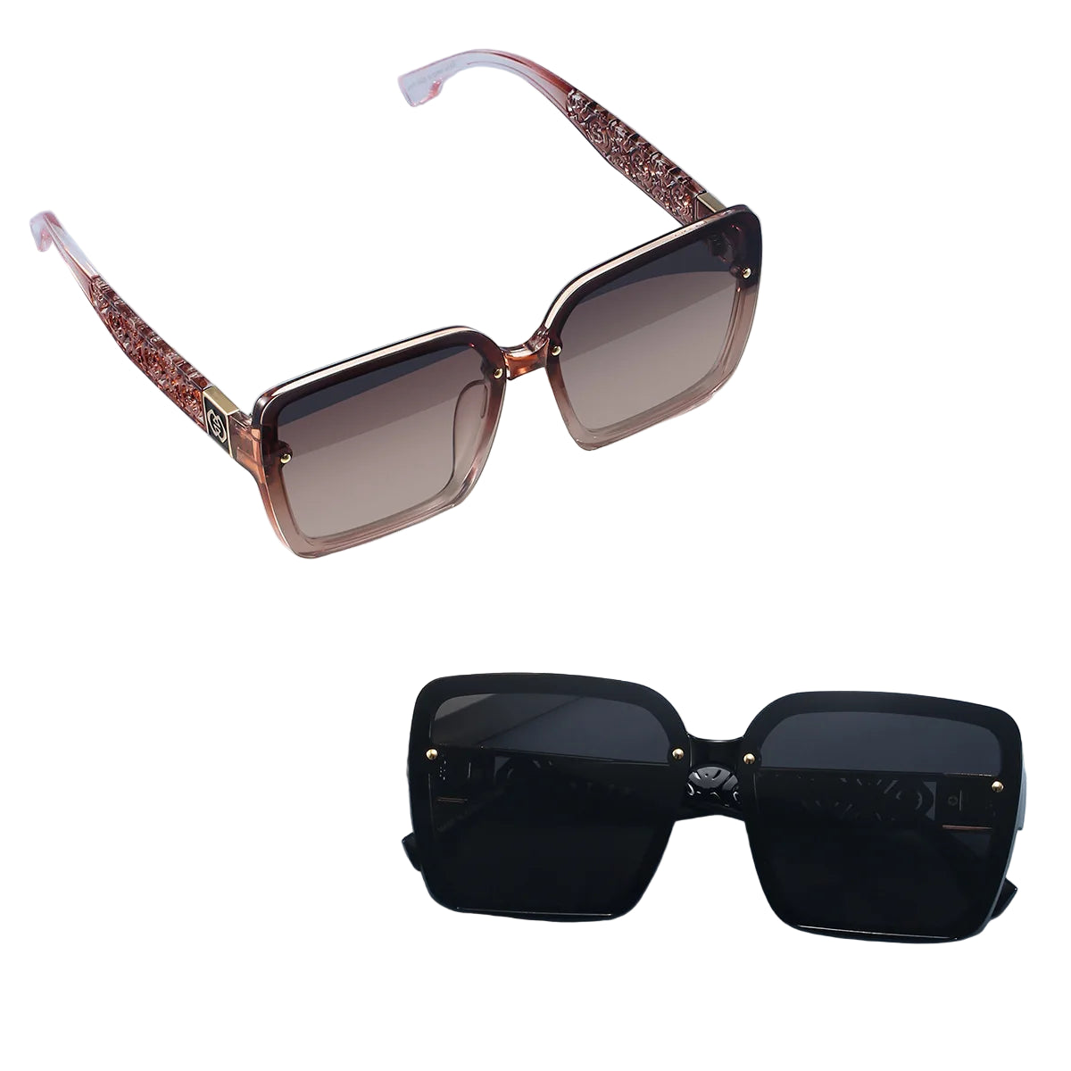 Two pairs of sunglasses on a white background