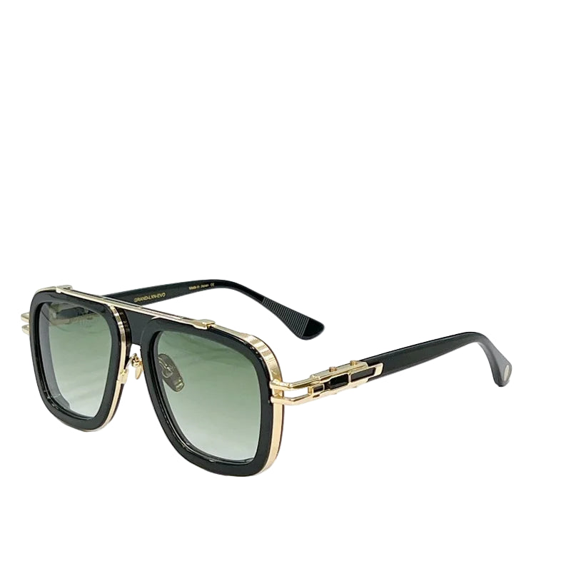 Sunglasses with black frame and brown lenses on a white background