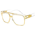 Gold-framed eyeglasses on a white background